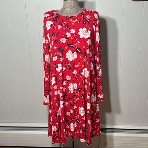 Old Navy Women’s XL Long Sleeve Shift Dress Red w Floral Pattern Stretchy